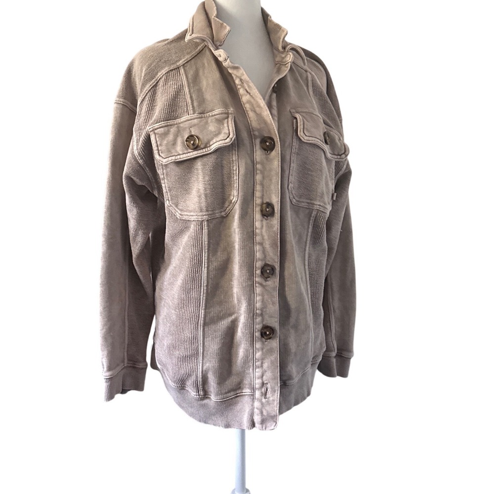 Urban Outfitters Mixed Jersey Shirt Jacket Taupe Small Shacket Button Up